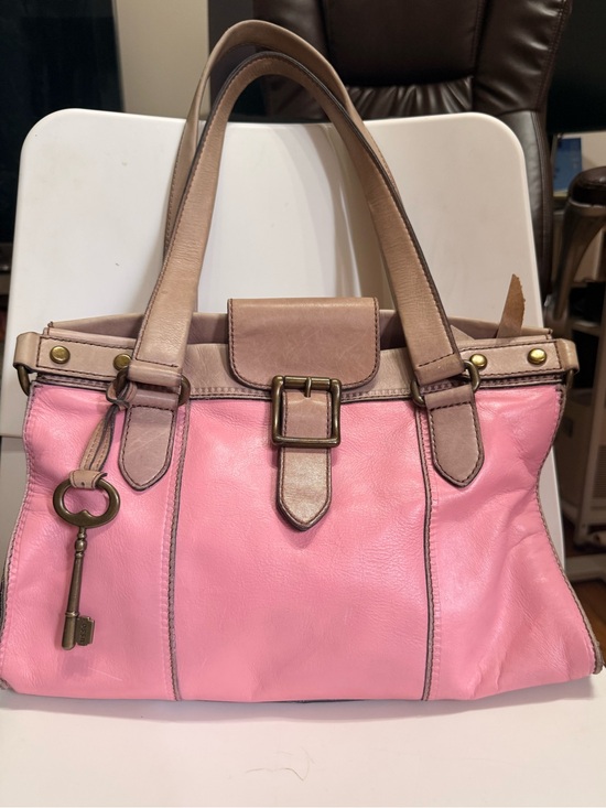 Fossil Handbags - Fossil Pink Leather Shoulder Bag with Tan Accents and Key Charm